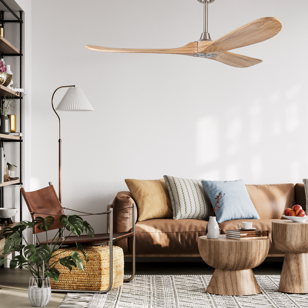Living room with a brown sofa, wooden coffee table, and ceiling fan.