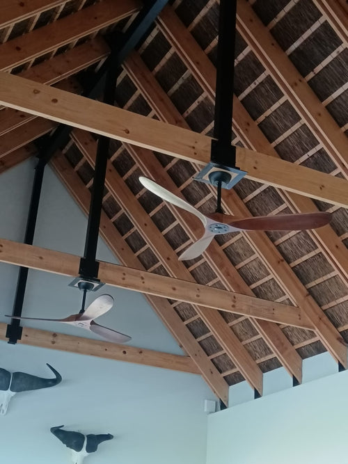 Ceiling fans mounted on a wooden truss ceiling with white walls and decorative elements.